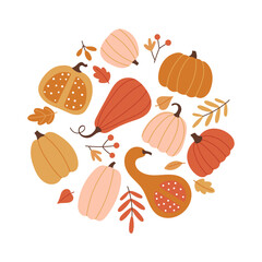 Autumn round composition with pumpkins and leave