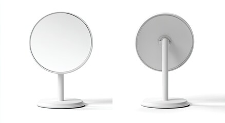 Two views of a simple, round, white cosmetic mirror
