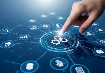 Human finger interacting with a digital network displaying icons for data analysis cloud and team collaboration