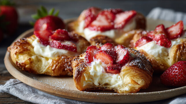 Danish pastry. The puff pastries with cream cheese and strawberries. Background