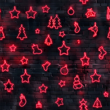Modern Christmas Design with Glowing Red Neon Symbols - Stars Bells Trees