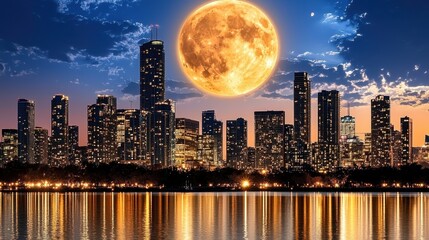 Orange Moon over City Skyline at Night