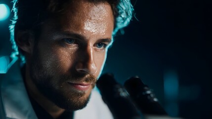 Scientist intently examining sample through digital microscope in a laboratory setting