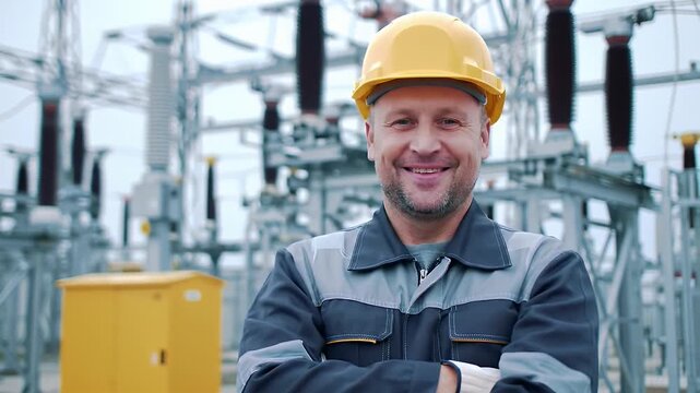 Smiling Electrical Engineer in Hard Hat with Arms Crossed at Power Station