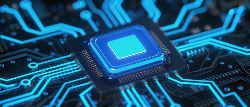 Glowing Circuitry Illuminates Microchip, Processor, Studio Image, Tech Environment, Macro Viewpoint, Futuristic Concept for SEO