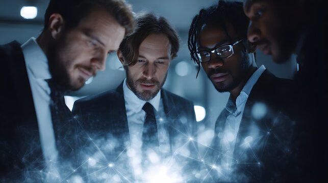 Business team discussing blockchain technology with lighting and focus