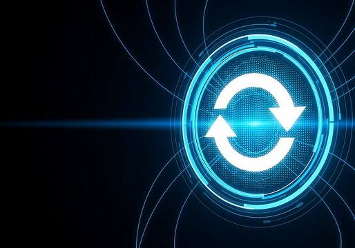 Circular arrows icon within a glowing blue digital interface on a dark background