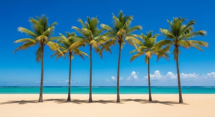 Obraz premium Tropical Beach Paradise with Palm Trees - Six palm trees stand tall on a pristine beach, turquoise water, and a vibrant blue sky. Perfect for travel, vacation, or relaxation themes