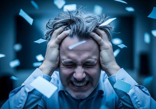 Man experiencing intense stress with hands gripping his head surrounded by floating light blue papers