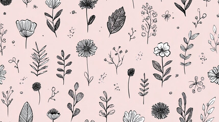 Botanical doodle background vector set. Flower and leaves abstract shape doodle art design for print, wallpaper, clipart, wall art for home decoration.