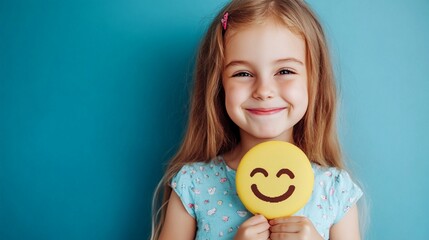 Cheerful young girl with long hair smiling and holding a yellow smiley face emoji sign against a vibrant blue background