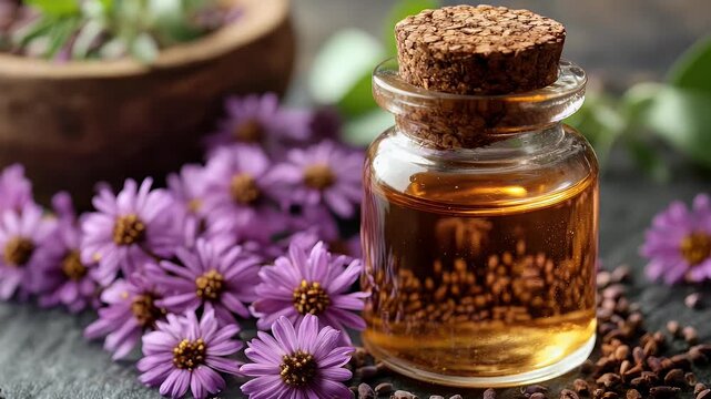 Soothing Aromatherapy Scene: Golden Essential Oil in a Glass Bottle with Purple Aster Flowers