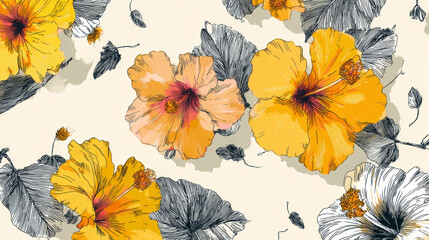 Botanical doodle background art vector set. Flower and leaves abstract shape doodle art design for print, wallpaper, clipart, wall art for home decoration.