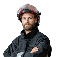 Firefighter with helmet isoleted on transparent background .