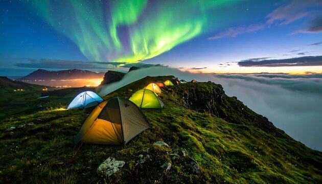 Camping on Mountain Ridge Under Northern Lights with Fog