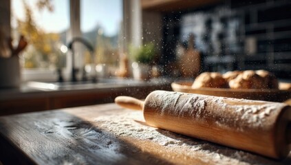 Flour dusted wooden rolling pin on a kitchen counter, sunlit