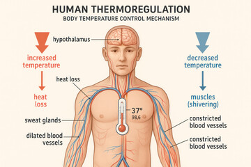 Human Thermoregulation Mechanism, Body Temperature Control, Illustration