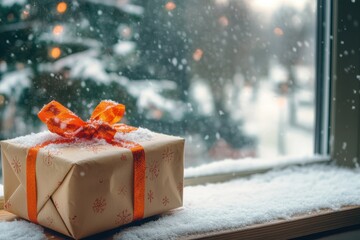 Photo of christmas gift box with orange ribbon on snowy windowsill