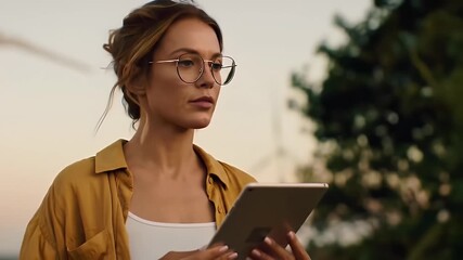 Woman In Yellow Shirt Using Tablet Near Wind Turbines In Open Field At Sunset - Powered by Adobe