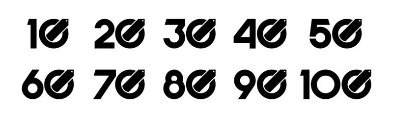 Set of collection numbers 10 to 100 with price tag vector illustration. Price tag with numbers 10, 20, 30, 40, 50, 60, 70, 80, 90, 100 for promo, discounts and more.
