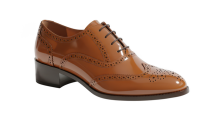 Brown leather wingtip brogue boot with heel isolated on transparent background