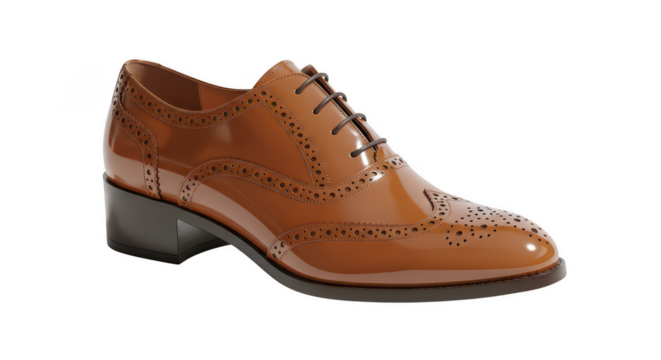 Brown leather wingtip brogue boot with heel isolated on transparent background