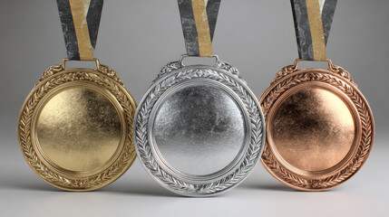 Glass awards realistic vector illustration. Crystal prizes with blank golden, silver and bronze medals 3D isolated clipart set on gray background. Competition winner rewards. Trophy design elements