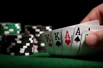 Winning hand at a poker table with chips during a lively evening game