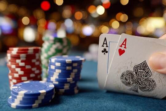 Exciting card game night at a casino with poker chips and playing cards