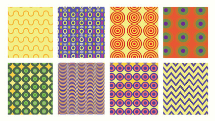 Retro Geometric Seamless Pattern Collection – Colorful Abstract Circles, Waves, Zigzags, and Shapes for Digital Paper, Textile Prints, Fabric Design, Wrapping Sheets, and Creative Backgrounds