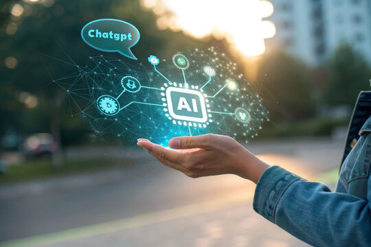 Human hand showcasing glowing ai network with output speech bubble