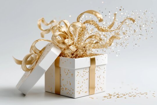 Celebration gift box with gold ribbons and sparkles for special occasions