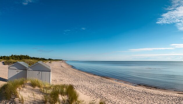 a serene sandy beach in parnu estonia features calm waters a clear blue sky scattered beach huts sparse greenery and low dunes in the background