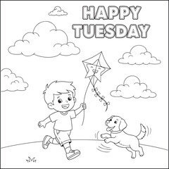 Happy Tuesday, with bold and easy coloring pages with kids, a cute dog, and a kite.