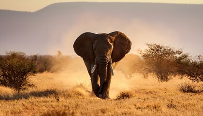 a powerful and dynamic image of an elephant walking straight towards the viewer across the dusty savannah