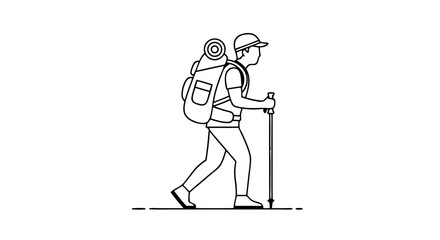 Minimalist line art illustration of a hiker with backpack and trekking pole in motion conveying a sense of adventure and outdoor exploration