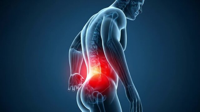 Back Pain Radiating From Red Lumbar Region of Skeletal Human Body On Dark Blue Background Showing Medical Condition
