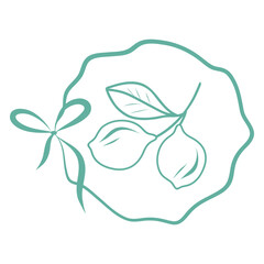 Lemon Fruit Sketch, Citrus Line Drawing in Ribbon Frame, Lemon Badge with Leaves, Hand drawn card