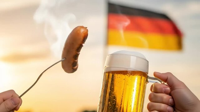 Close Up Hands Holding Beer Mug and Sausage on Fork Against German Flag and Sunset Celebration Of German National Day Traditional Food