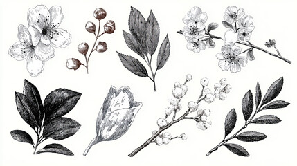 Hand drawn botanical floral elements in line art and silhouette style. Flowers, branches and leaves. Vector set for label, logo, corporate identity, wedding invitation, wreath, frame, border.