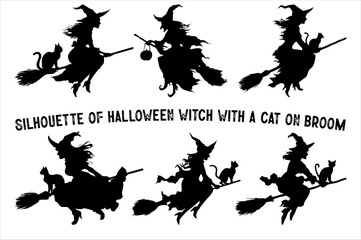 Spooky Witch on Broomstick with Black Cat – Halloween Silhouette Design