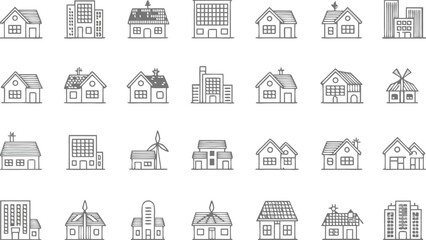 Eco-Friendly House Icon Set | Solar Panel Homes, Windmill Buildings, Modern Green Architecture, Renewable Energy Vector Illustrations for Sustainable Living, Real Estate, Web, UI, Environmental Projec