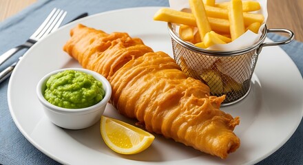 Crispy fish and chips served with peas and a lemon wedge.