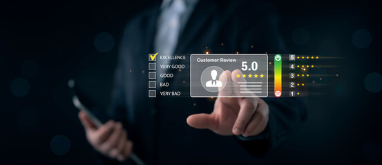 Businessman touching virtual customer review dashboard with five star rating, concept of online feedback, service evaluation, user experience, CRM and digital customer satisfaction
