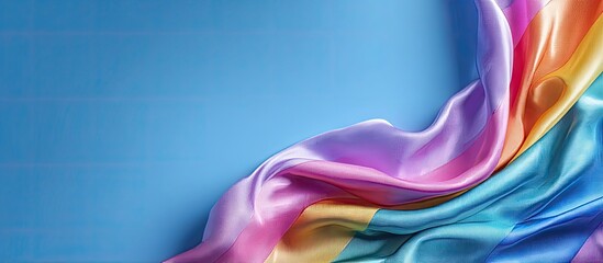 Draped, rainbow-striped silk fabric against a light-blue background.  A vibrant display of color and flowing texture
