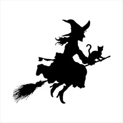 Spooky Witch on Broomstick with Black Cat – Halloween Silhouette Design