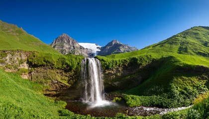 a serene landscape featuring a waterfall surrounded by lush greenery and mountains under a clear blue sky