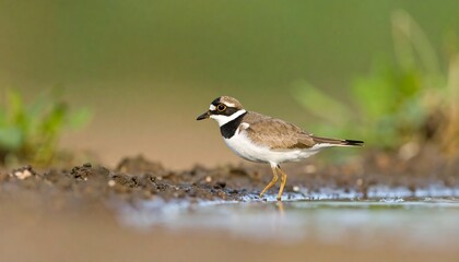 Small brown and white bird wading in shallow muddy water