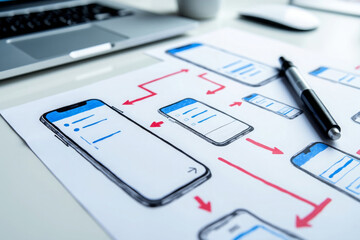 Mobile app user flow diagram and wireframes on desk