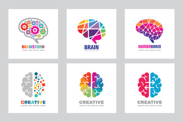 Abstract human brain logo set. Creative idea - business icon sign collection concept vector illustration. Human mind education symbol. Design elements.